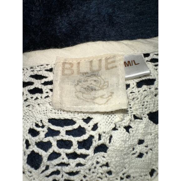 NEW BLUE HIPPY COTTON GAUZE LACE INSET TUNIC TOP M/L COTTAGECORE BOHO - Picture 3 of 8